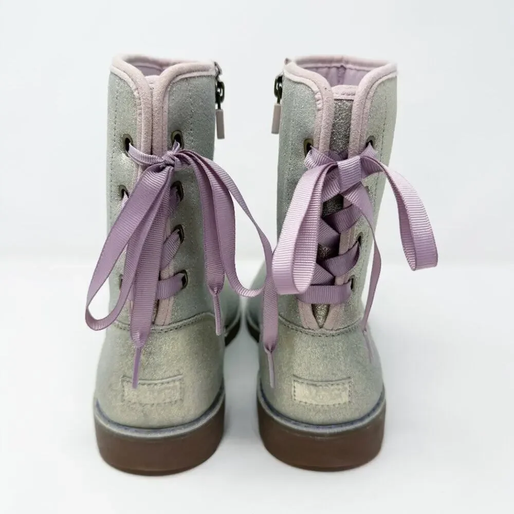 Ugg	Metallic Silver Corene Boots Size 6 Side Zip/Lace Up Back Shearling Footbed